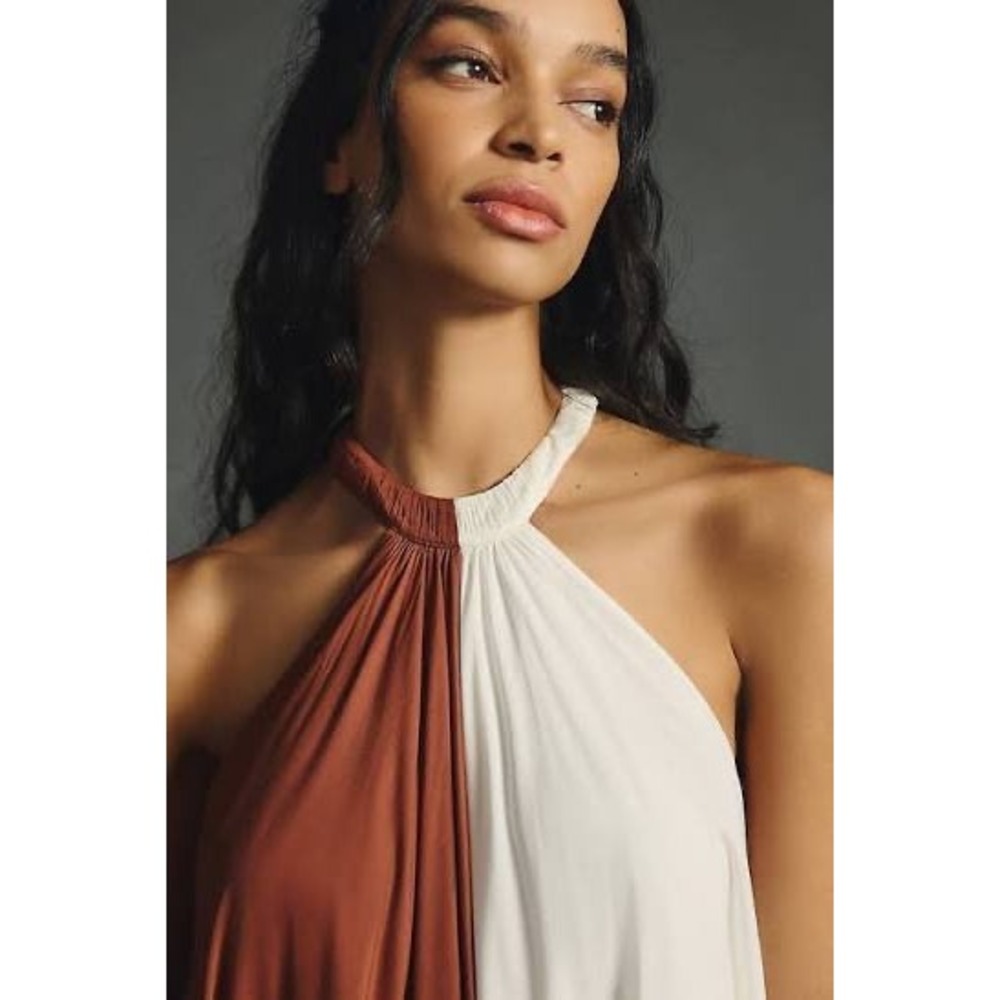 Let Me Be Colorblock Two Tone Halter Maxi Dress Brown Cream XS - Picture 4 of 12